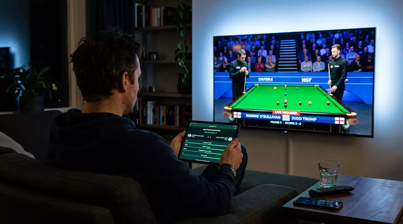 Persoon volgt een live snookermatch op een tablet terwijl de wedstrijd op tv speelt